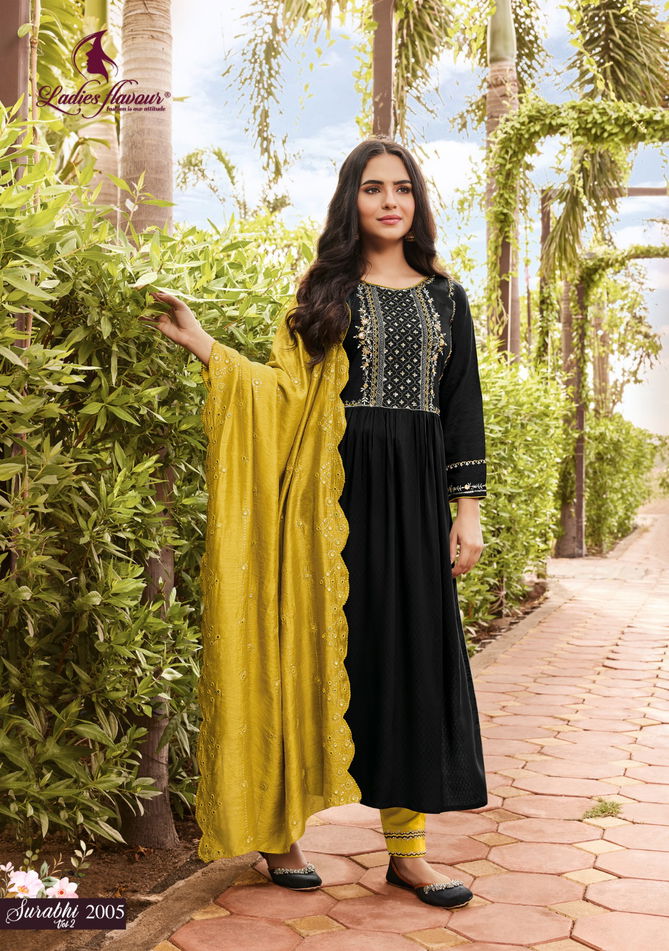 Surabhi Vol 2 By Ladies Flavour Rayon Kurti With Bottom Dupatta Catalog
